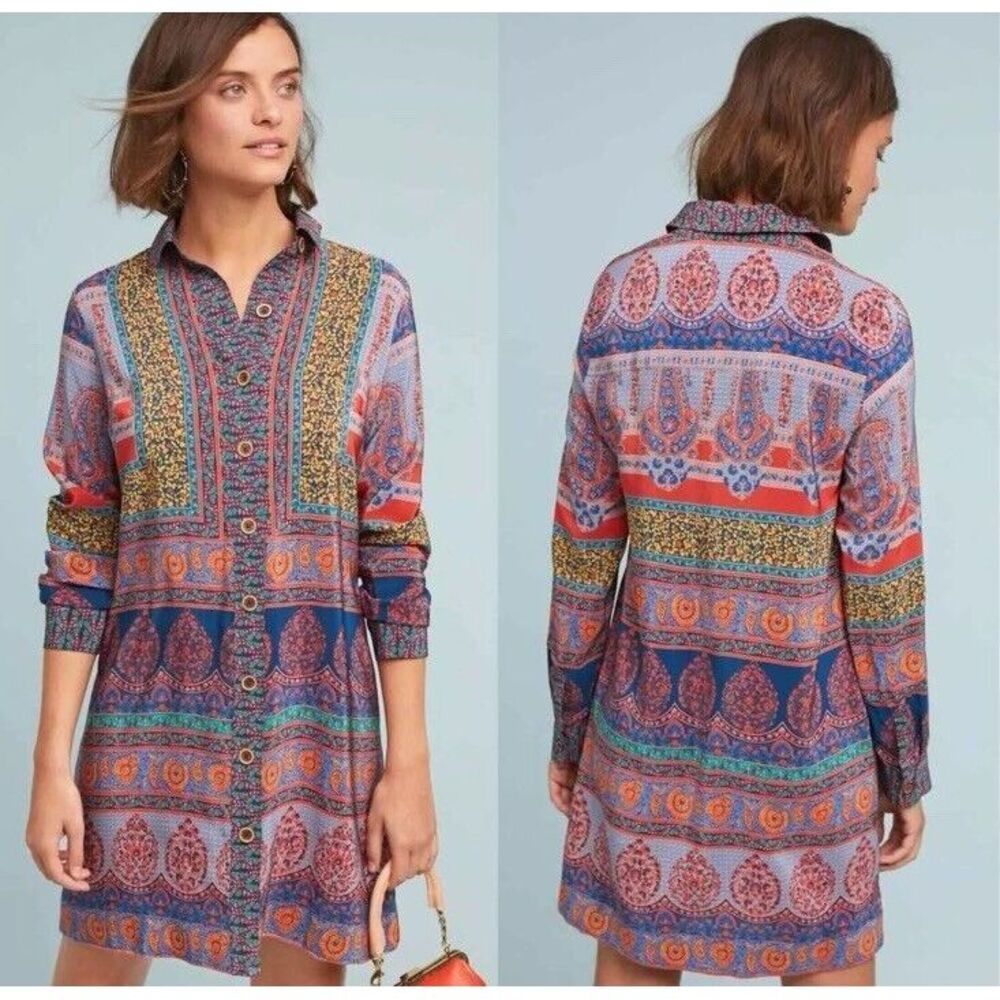 NWT Anthropologie Maeve Casablanca Silk Shirt Dress Sz 8 $230 Paisley Colorful
